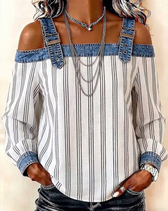 Blouse Denim Off-Schouder Streep Paneel
