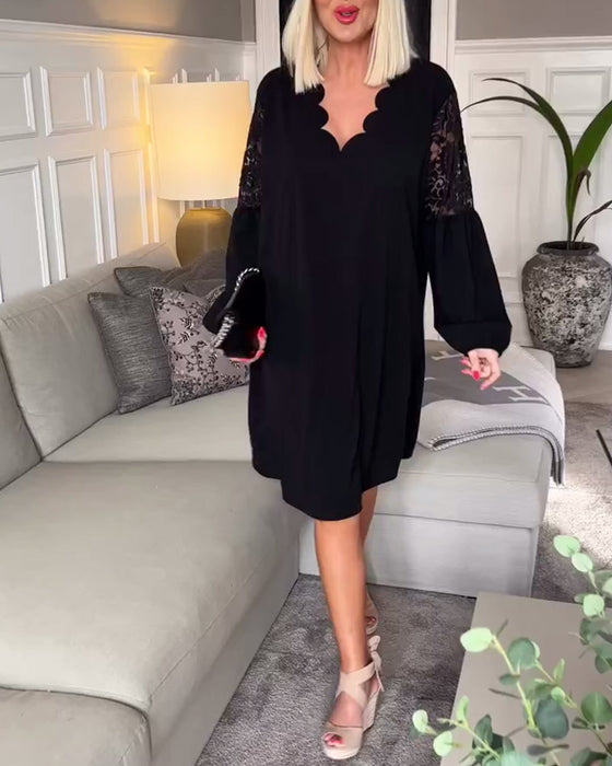 Elegante jurk met V-hals kanten holle en lange mouw