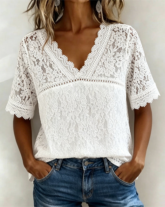 Effen Kleur Blouse Korte Mouwen Met Kant