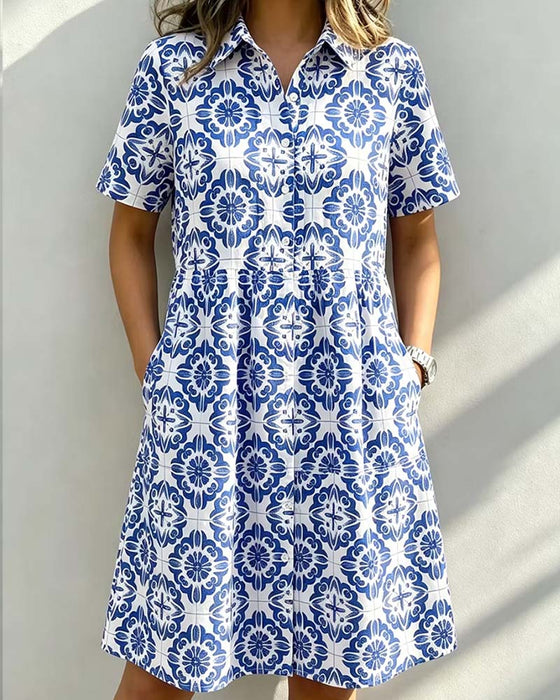 Jurk Overhemdkraag Zak Print