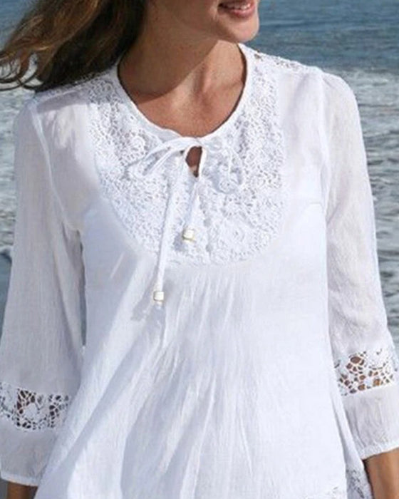 Blouse Ronde Hals Strik Kant Patchwork Effen