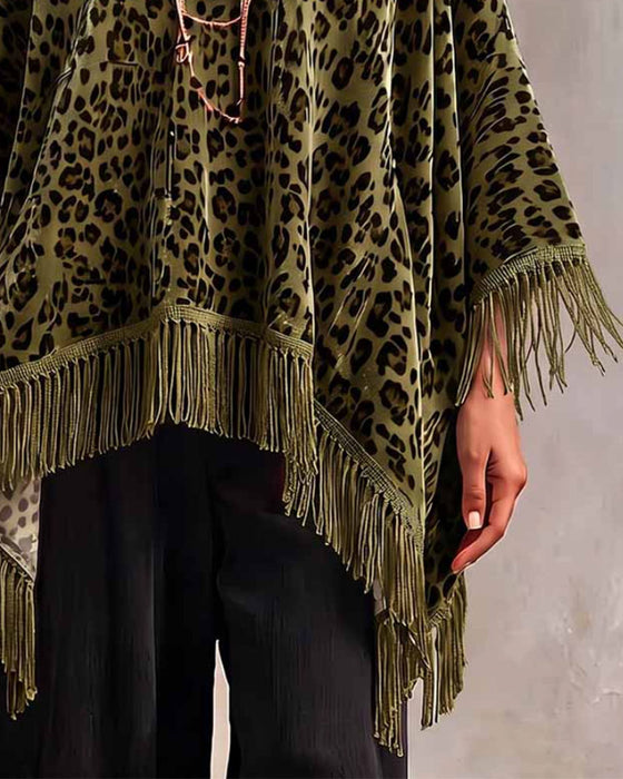 Blouse Vleermuismouw Franjes Luipaardprint Los Fluweel