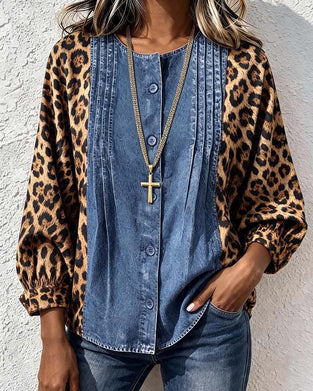 Blouse Ronde Hals Knoop Luipaard Denim Patchwork