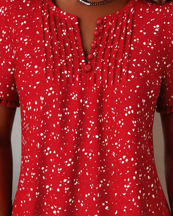Blouse Witte Stip Franje Korte Mouw