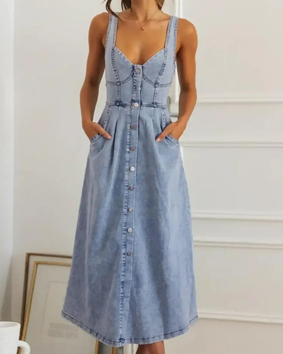 Jurk Spaghettibandje Knoop Taille Gesnoerd Denim