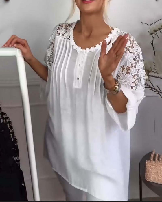 Blouse Ronde Hals Kant Patchwork Bloemen