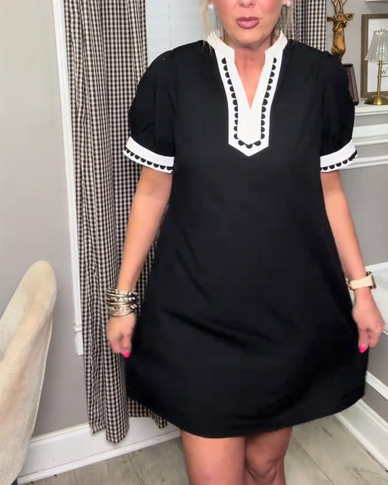 Jurk Bel Mouw Kleurenblok V-Hals