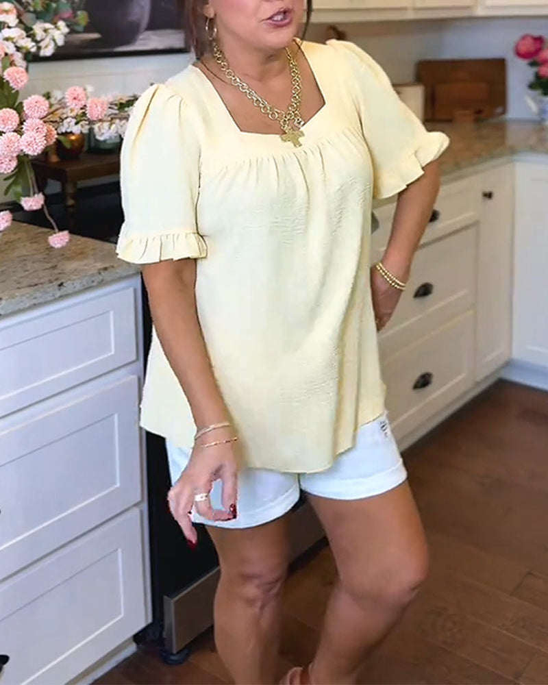Blouse Vierkante Hals Geruwd Mouw