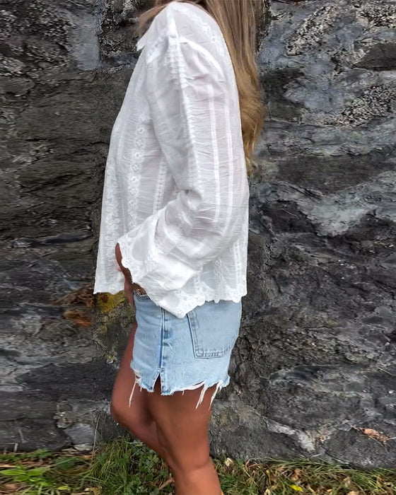 Shirt Geborduurd Uitholling Polo Kraag Casual