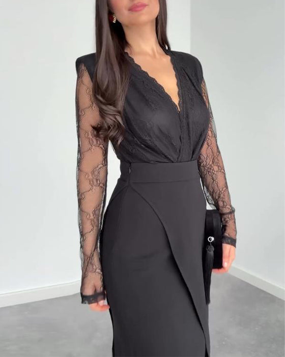 Tweedelig Set Met V-Kraag Kant Top, Asymmetrische Midirok En Elegante Stil