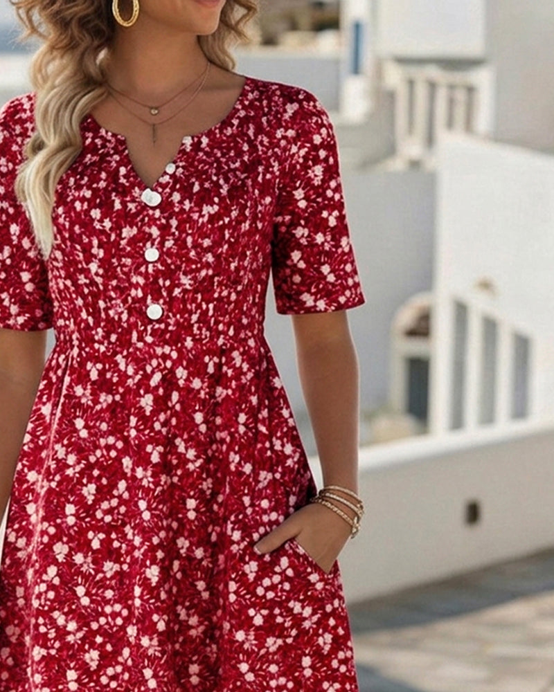 Jurk V-Hals Korte Mouw Bloemen