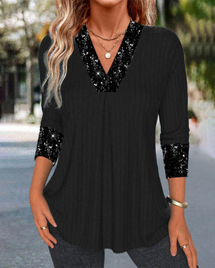 Casual effen top met pailletten patchwork en plooien