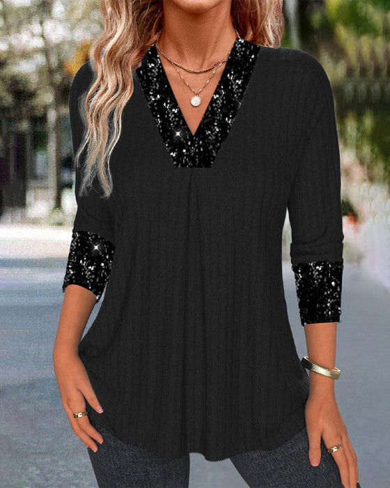 Casual effen top met pailletten patchwork en plooien