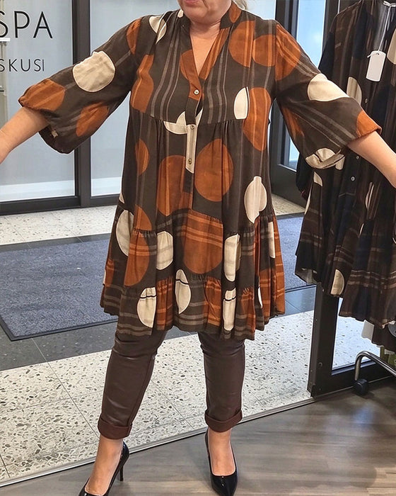 Jurk Geometrische Stippenprint V-Hals Loose Fit