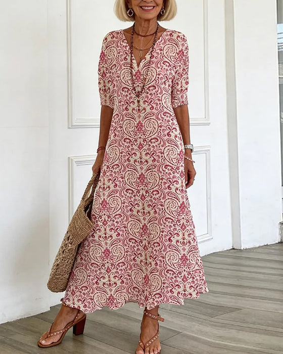 Jurk Vintage Bloemenpatroon V-Hals Maxi