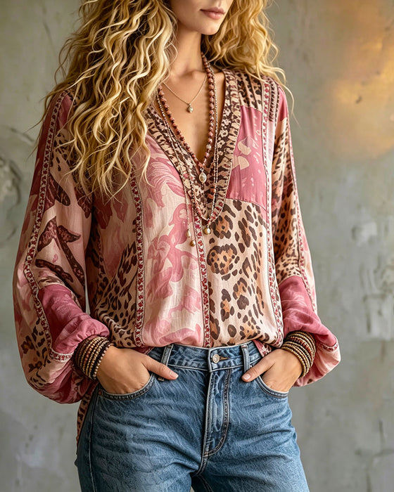 Blouse V-Hals Luipaardprint Kleurblok Lantaarnmouw