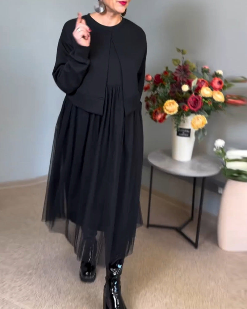 Effen kleur elegante jurk met onregelmatige mesh-stiksels