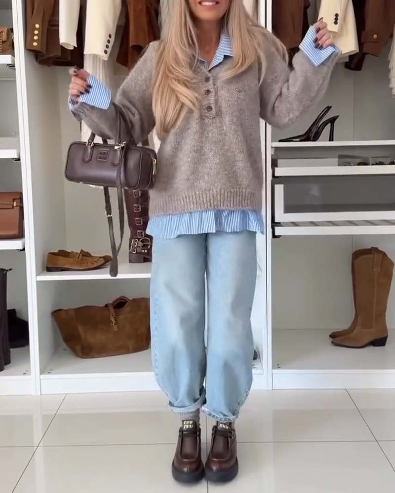 Langmouwige Pullover Met Button-Down Kraag