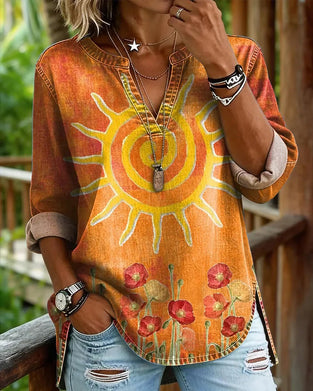Top Zonnebloem Print V-Hals