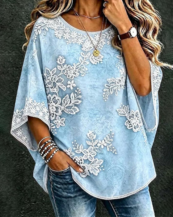 Blouse Ronde Hals Bloemenprint Ruim Zit