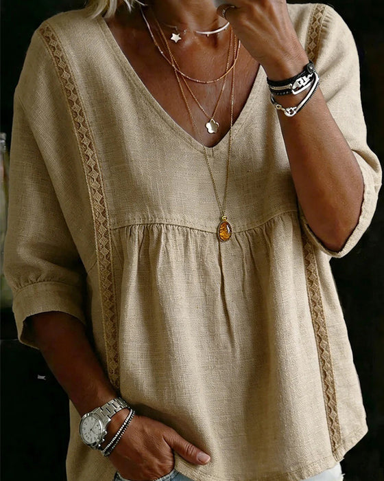 Blouse Ruffle Rand V-Hals Ellebooglange Mouw