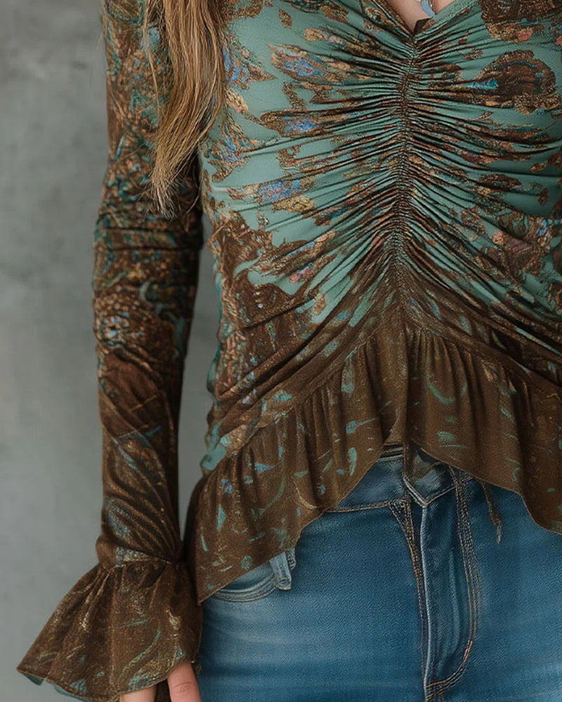 Blouse Gegarandeerd Ruffle V-Hals Lange Mouwen