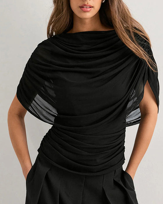Blouse Mesh Sjaal Hals Gedrapeerd Slim Fit
