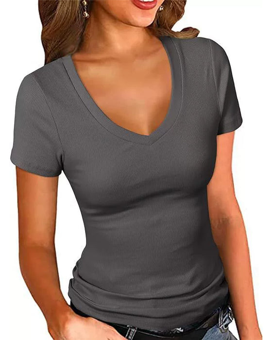 T-Shirt Geribbeld Slim Fit V-Hals Korte Mouw