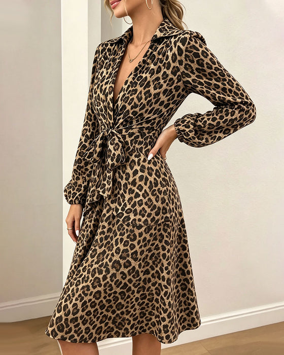 Jurk Luipaardprint Revers Taille Riem Overhemd