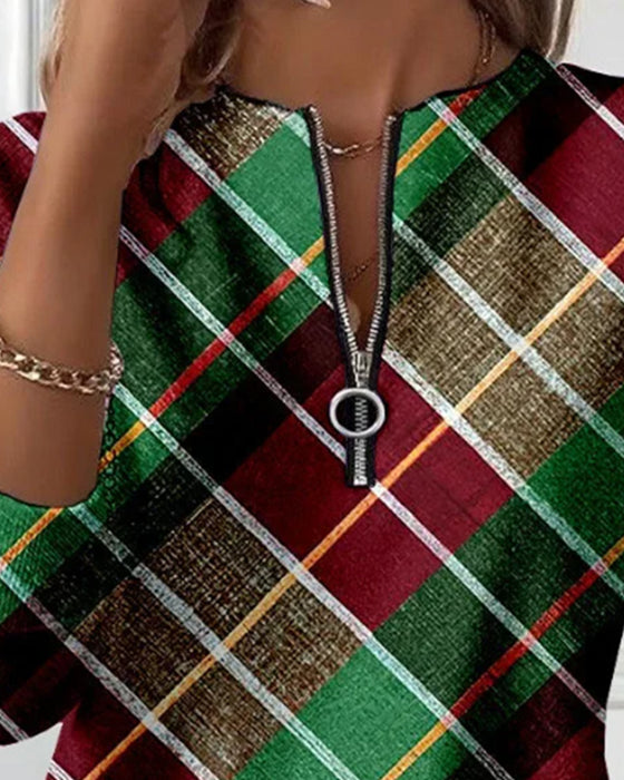 Langmouwige Sweatshirt Met Halfrits En Ruitpatroon