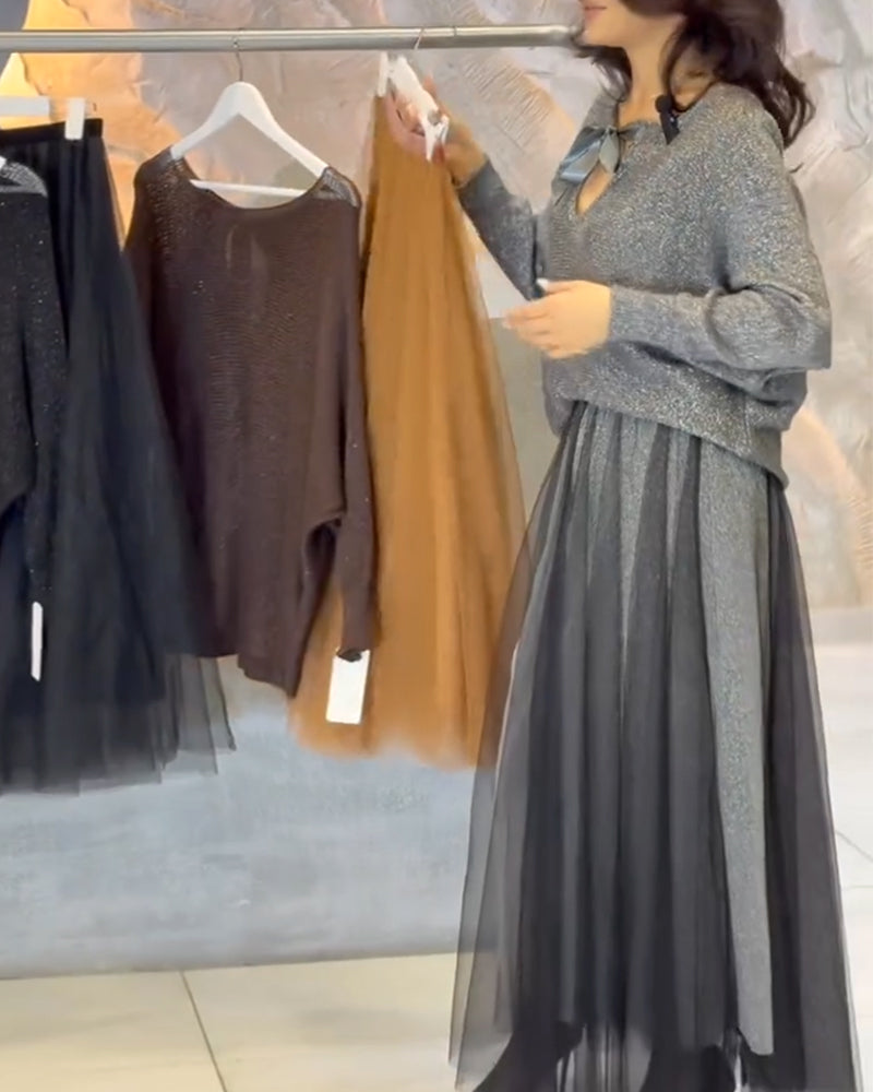 Pullover En Rok Met Vleermuismouwen En Glans