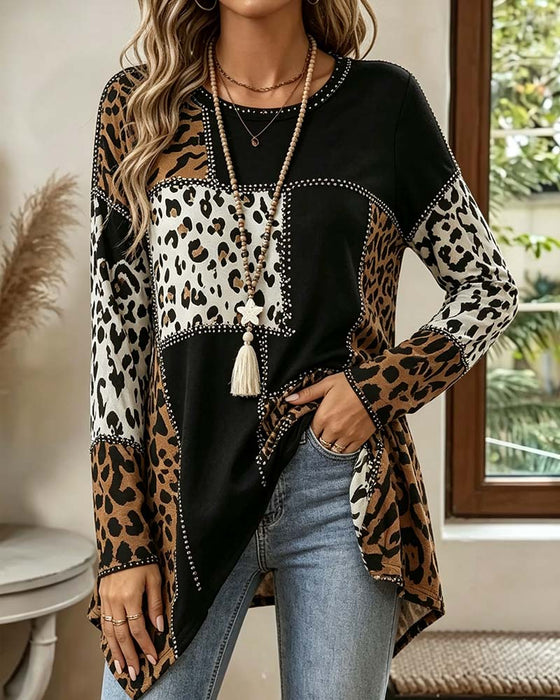 Blouse Luipaard Print Patchwork Onregelmatig