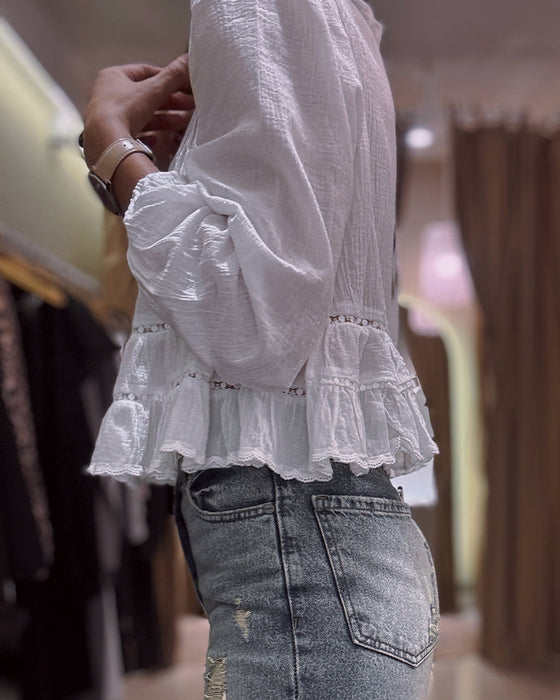 Blouse Staande Kraag Pofmouw Kort