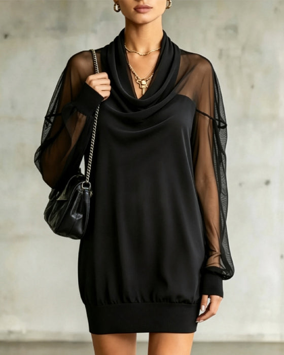 Jurk Cowl Neck Lange Mouw Mesh