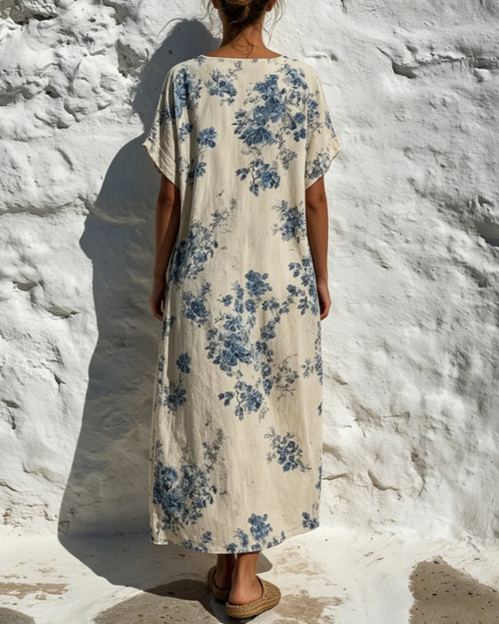 Jurk Ronde Hals Vintage Blauw Floral