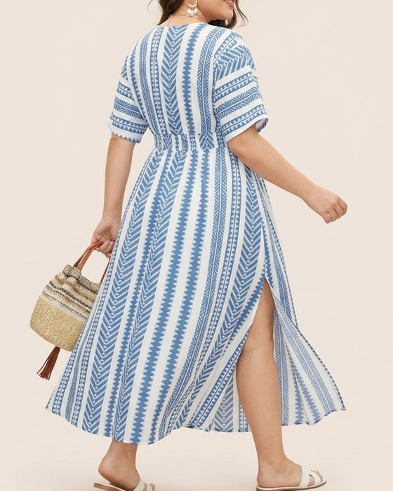 Jurk Diepe V Blauw Wit Geometrische Streep Taille