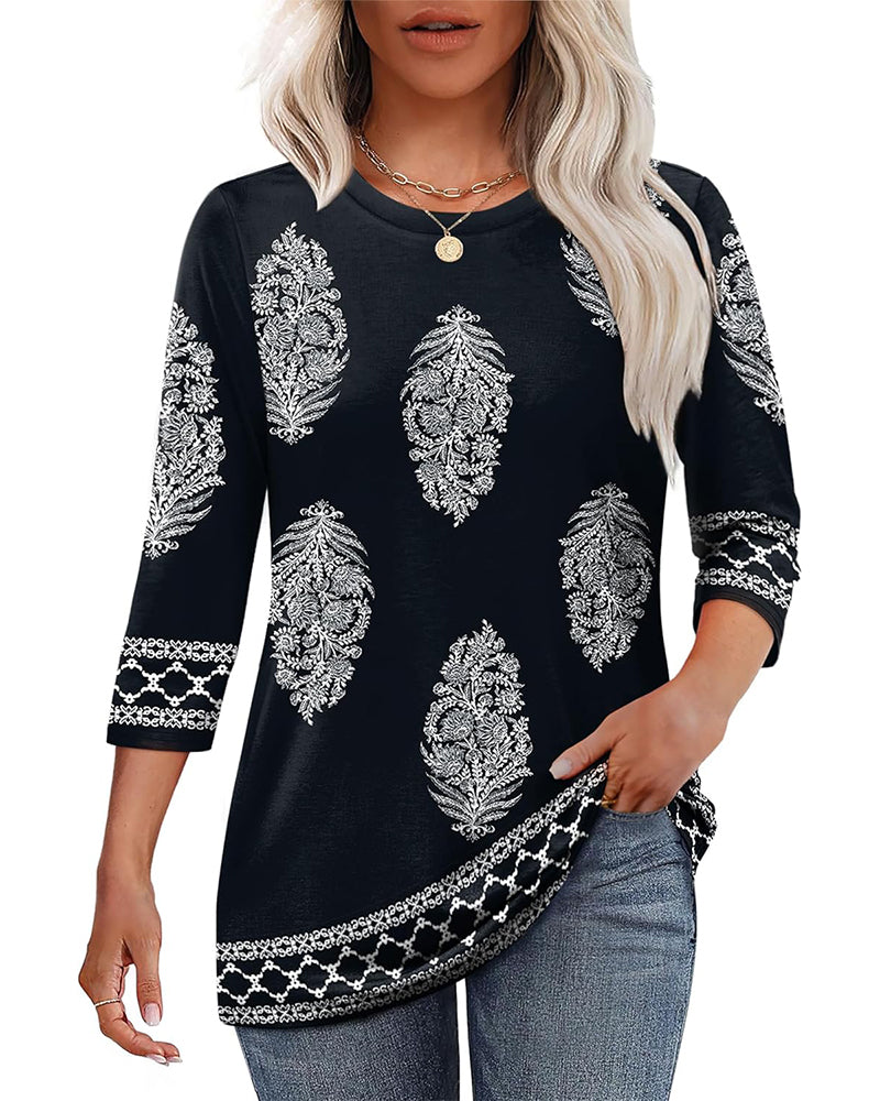 Top Gedrukt Driekwart Mouw Ronde Hals