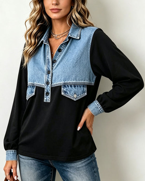 Sweatshirt Overhemdkraag Zak Patchwork