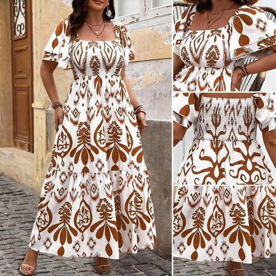 Jurk Blauw Porselein Vierkante Hals Print Maxi