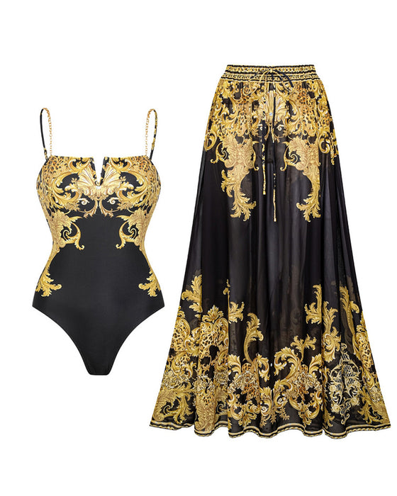 Zwempak Vintage Bedrukt Mesh Zonbescherming