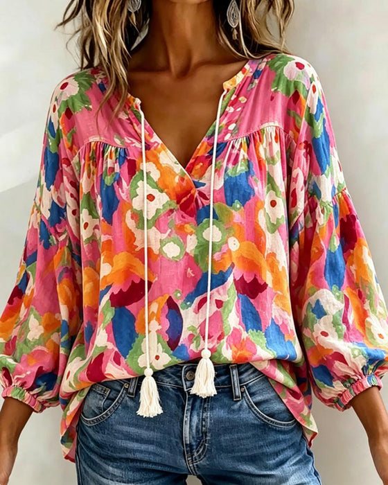 Blouse Kleurrijk Bedrukt Lantaarnmouw Franje