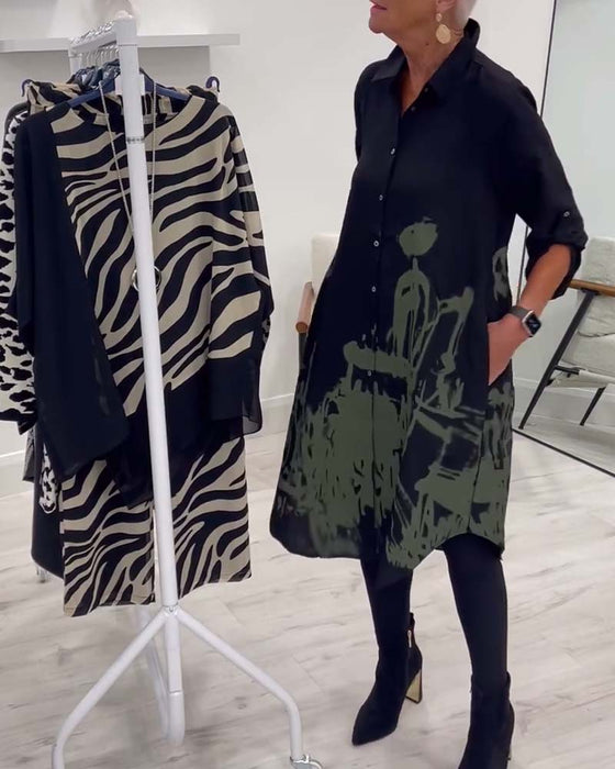 Contrasterende print revers knoop casual jurk
