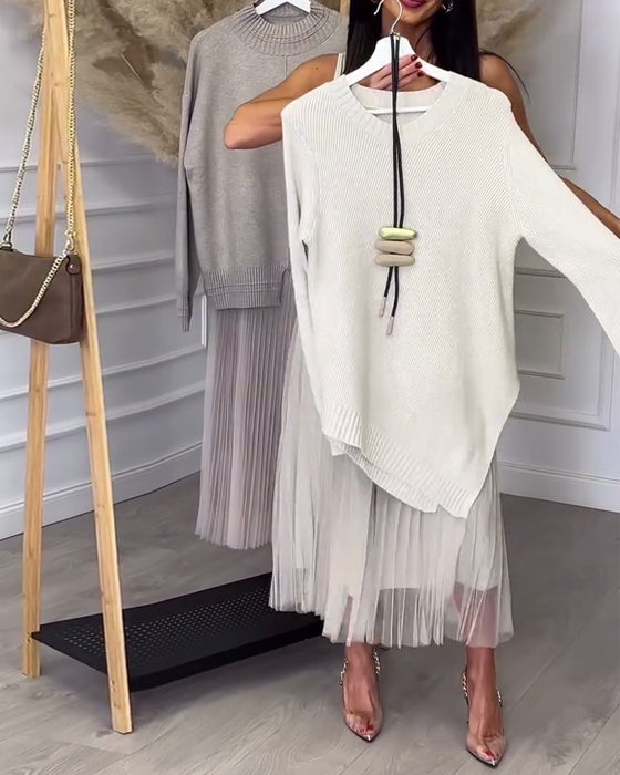 Twee-Delige Set Met Pullover En Rok In Ronde Hals En Onregelmatig Design