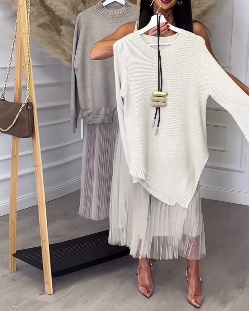 Twee-Delige Set Met Pullover En Rok In Ronde Hals En Onregelmatig Design