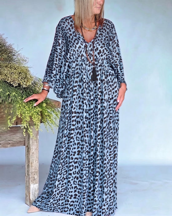 Jurk V-Hals Luipaardprint Loose Fit Casual