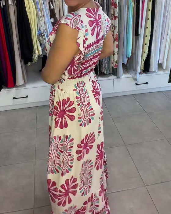 Jurk Bloemen Taille-Riem Fladder-Mouw Vakantie Maxi