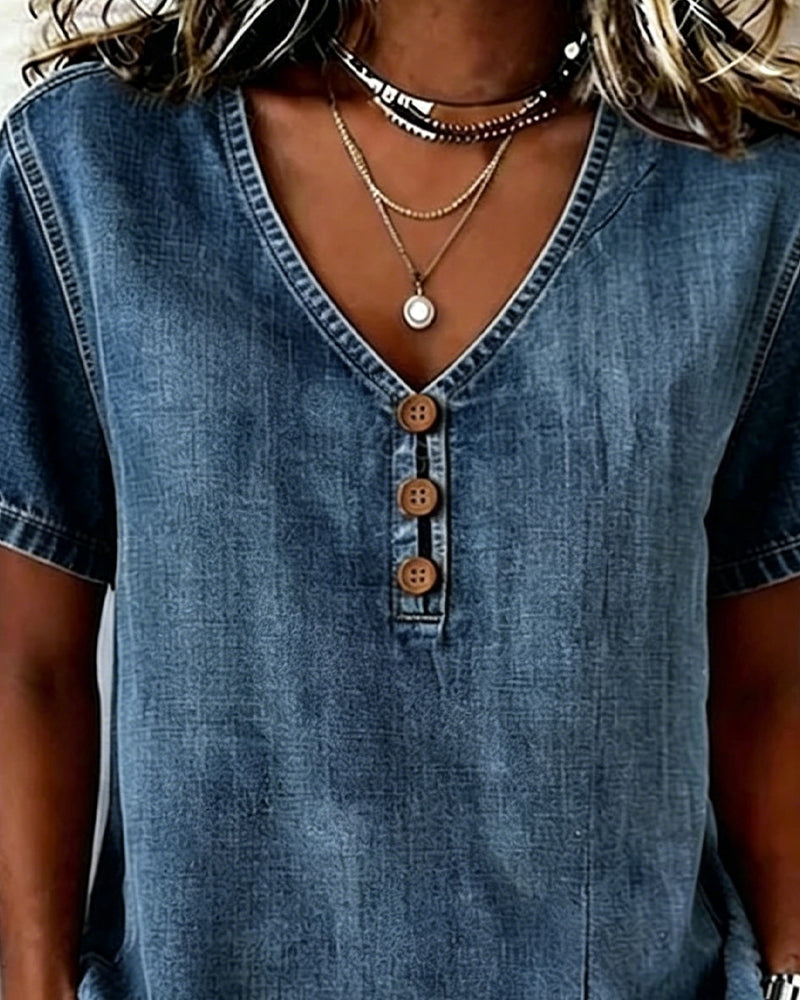 Blouse Van Denim Met Gespleten V-Hals