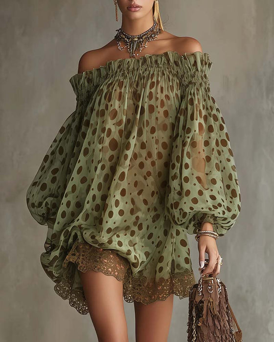 Jurk Luipaardprint Off-Shoulder Kant Patchwork