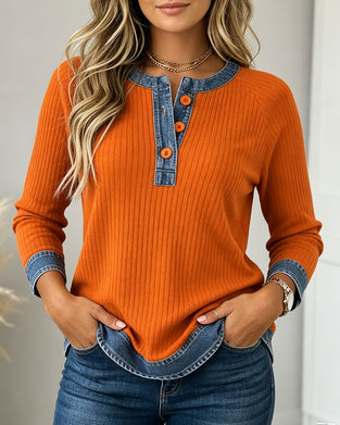 Top Knopen Ronde Hals Armsgat Denim Patchwork
