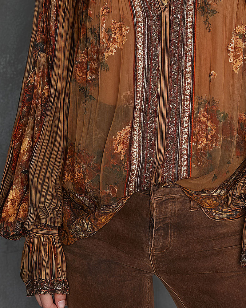 Blouse V-Hals Boho-Stijl Bloemig